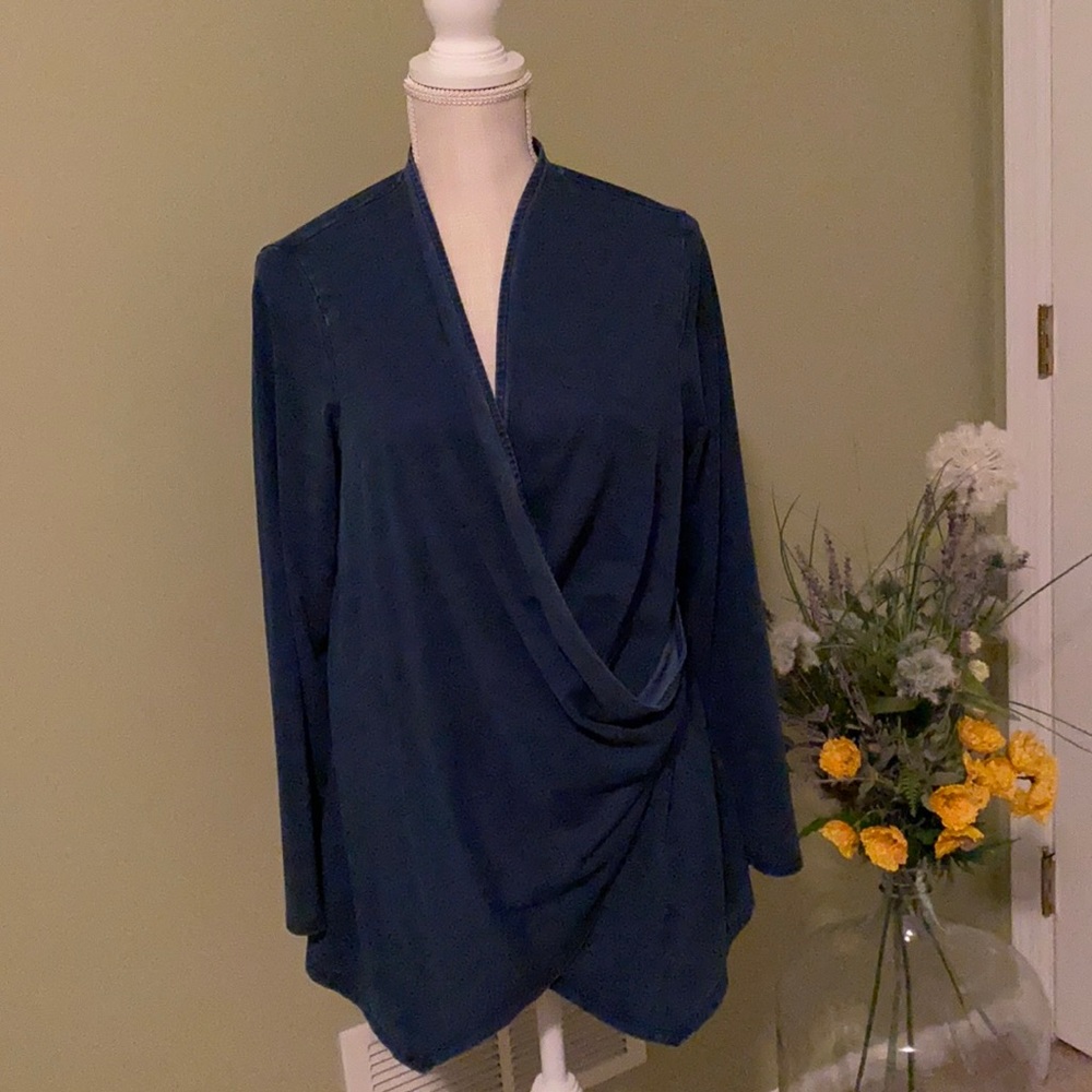 J Jill - PURE JULL INDIGO OCEAN WASH DRAPED COTTON cardigan; size MP